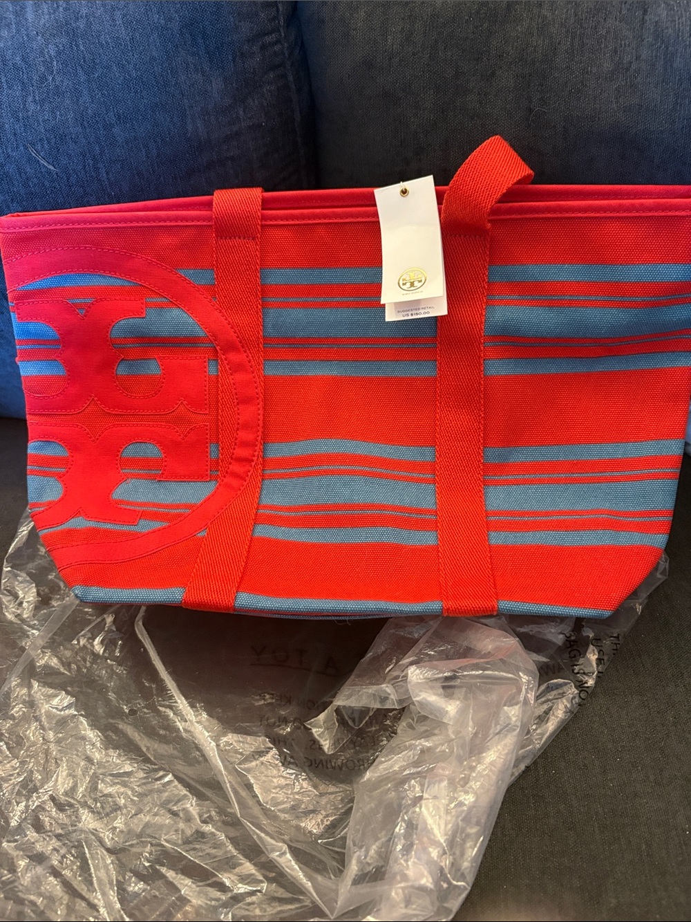 Tory Burch Red and Blue Striped Canvas Tote